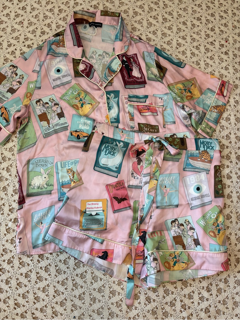 Karen Mabon Anthropologie Bookworm Satin Pajama Set Size Large